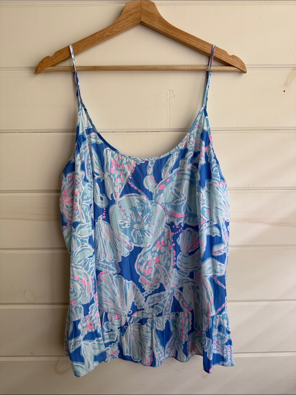 Lilly Pulitzer Blue Floral Tank Top with Pink & White Accents